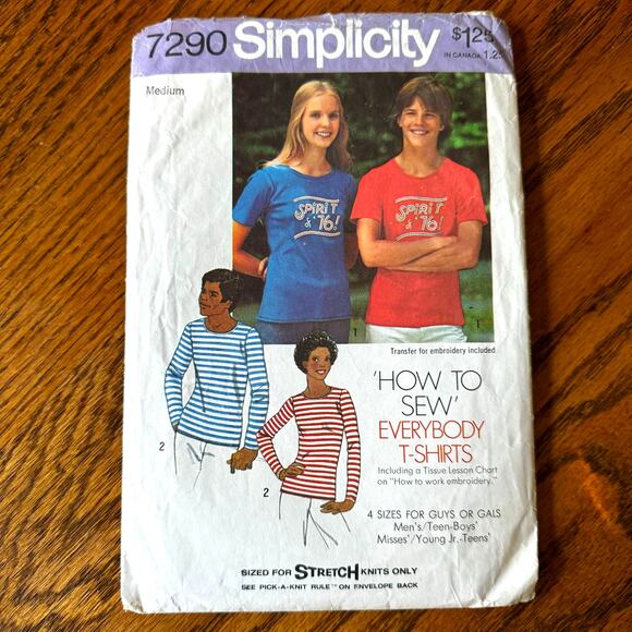 Vintage 1970s Simplicity 7290 Sewing Pattern Unisex Med Basic T Shirt COMPLETE - Picture 1 of 2